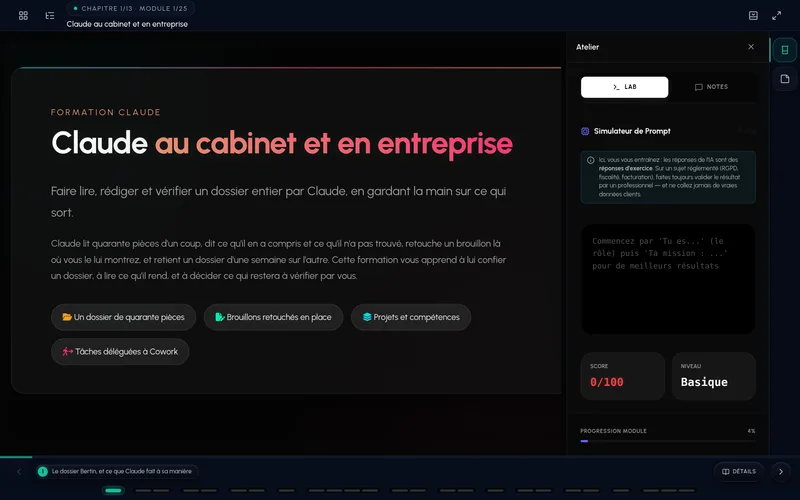 L'atelier Lab IA ouvert à côté de la leçon : simulateur de prompt avec score et niveau