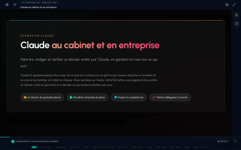 Le lecteur de formation : une leçon de la formation Claude au cabinet et en entreprise, avec le plan du cours et la progression